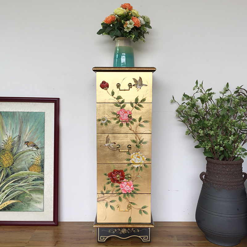 New Chinese Color Painted Five Bucket Cabinet Retro Living Room Bedroom with Decorative Cabinet American Hand Painted Gold Leaf Multi Bucket Cabinet 3807