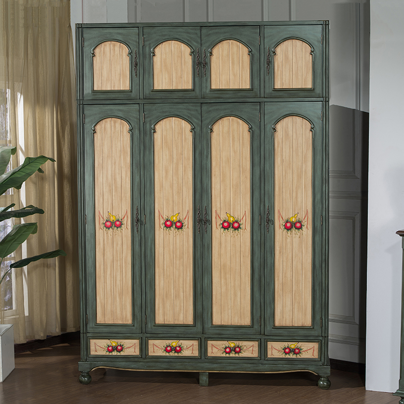 American Furniture Solid Wood Bedroom Large Wardrobe Four Doors Containing Closet Mediterranean Hand Painted Cloakroom Big Wardrobe 0050