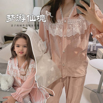 Chens mother girl 2024 autumn and winter parenting style lace velvet pyjamas suit mother and womens home clothes 2 pieces