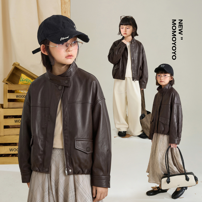 【Brownie】Chenchen's Mom's Girls' Short Leather Jacket, New Autumn Style, Elegant and Slimming Parent-Child Jacket Top