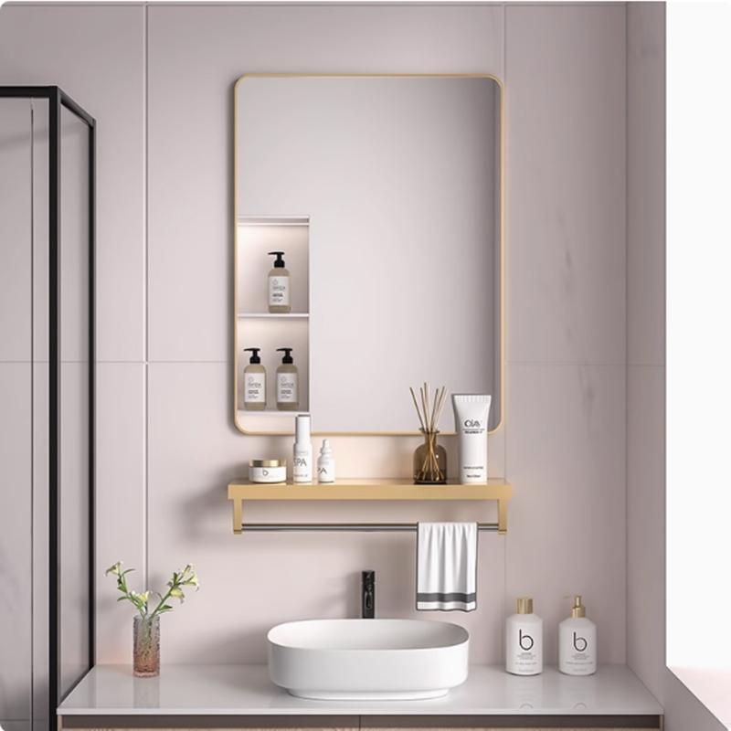 No-Drill Space Aluminum Frame Bathroom Mirror, Bathroom Vanity Mirror, Bathroom Makeup Mirror with Shelf, Square Mirror