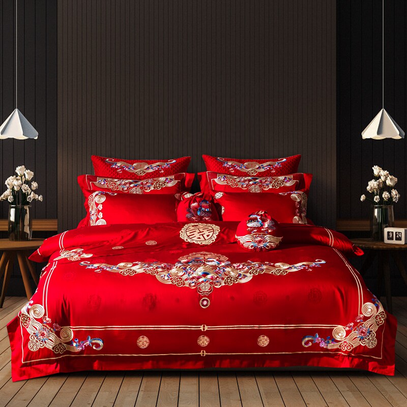 New Wedding Celebration Four Sets Big Red Mandarin Couple Newlywed Six Pieces Of Wedding Quilt Wedding Bed Accessories twelve pieces of kit