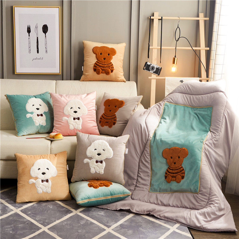 High - end cartoon embroidery multi - functional pillow by Han Edition cute Mengmeng dog bear car sofa pillow cushion