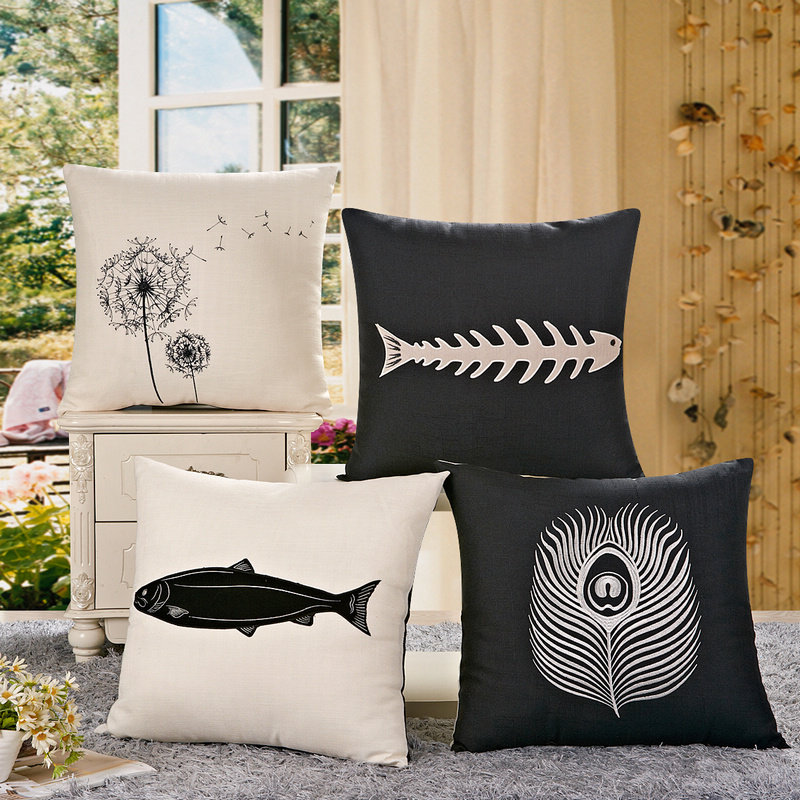 Simply modern black and white fish sofa cushion cushion core office bed head pillow on embroidered cotton linen