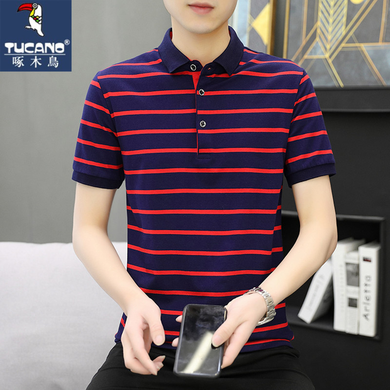 Woodpecker Summer Pure Cotton Short-Sleeved Polo Shirt Men's Striped Collared T-Shirt Business Casual Short-Sleeved Pure Cotton Sports T-Shirt