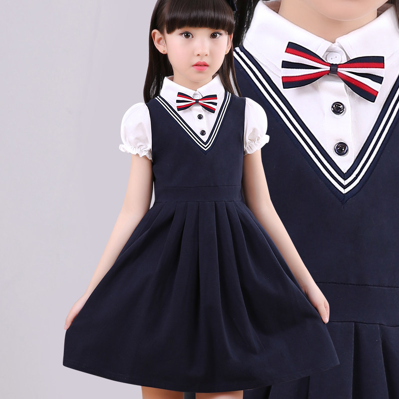 Children Short Sleeve Foreign Dress Princess Skirts College Wind Skirts Girl Performance Dress CUHK Child Fake Two Dress Summer Clothes