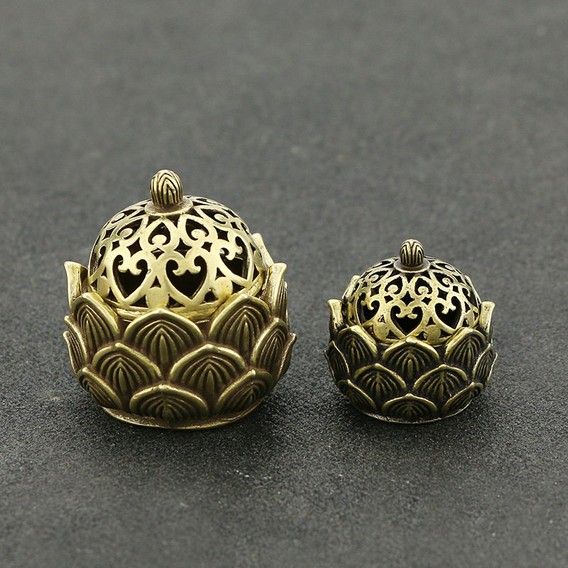 Mini lotus hollow brass small incense burner ornaments brass micro carving small copper stove handle antique bronze bronze carving