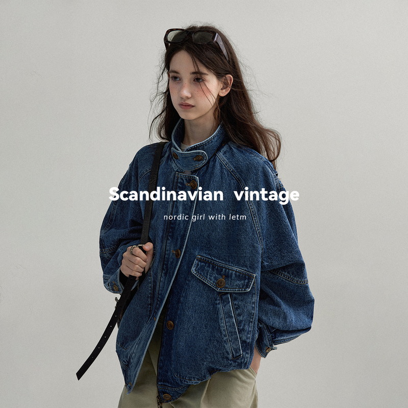 Letm Nordic Vintage Style/Washed Denim Texture Stand-Up Collar Color-Blocked Silhouette Bomber Jacket for Women Letm Nordic Vintage Style/Washed Denim Texture Stand-Up Collar Color-Blocked Silhouette Bomber Jacket for Women