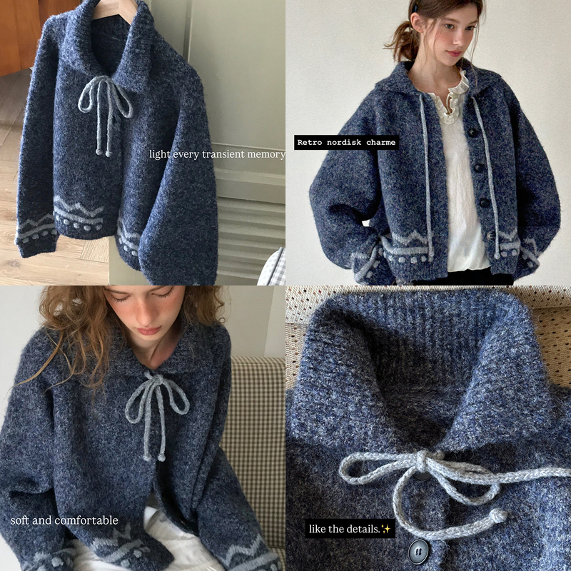 Letm Goha Retro Woolen Fluffy Three-Dimensional Color-Blocked Ball Tie Lapel Cardigan Sweater for Women