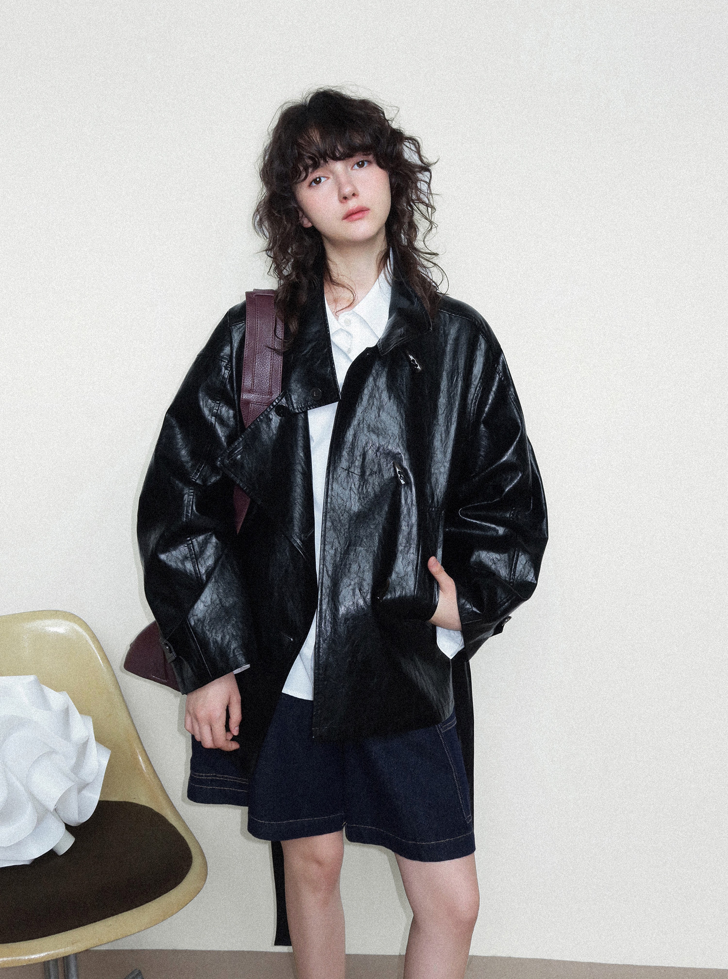 アメリカンヴィンテージ / 斜め前合わせショート丈レザージャケット