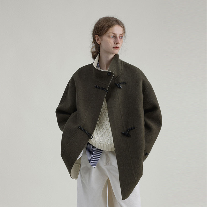 Letm Wool Contrasting Color Parka Silhouette Horn Button Flip Stand Collar Woolen Coat Winter Letm Wool Contrasting Color Parka Silhouette Horn Button Flip Stand Collar Woolen Coat Winter