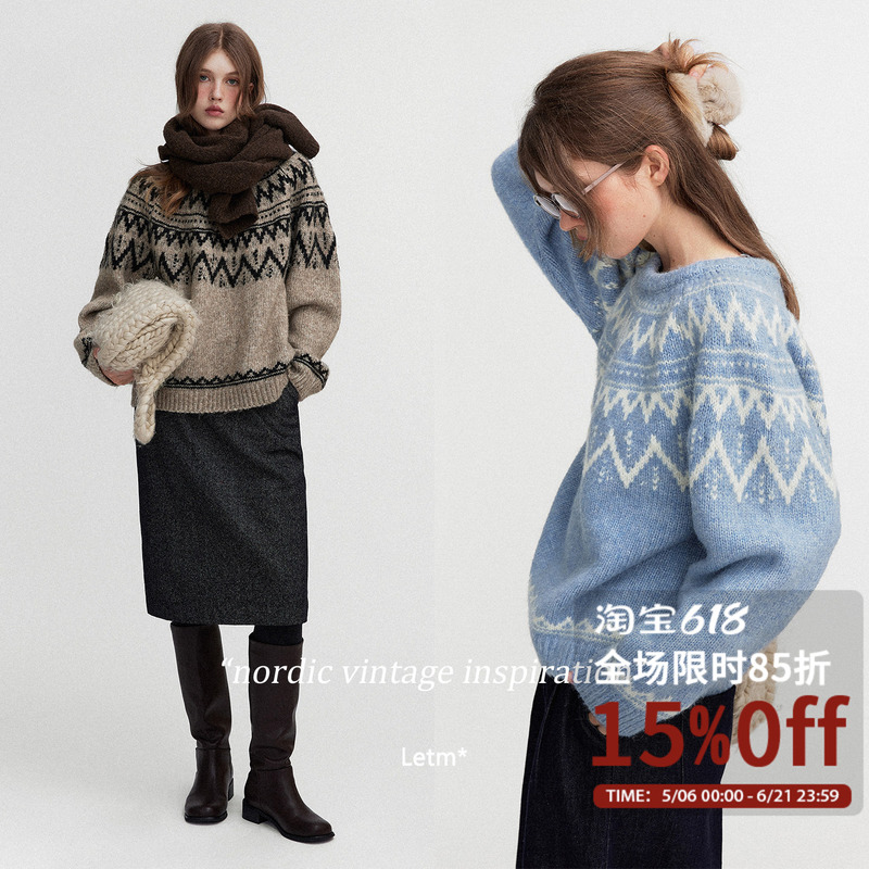 Letm Iceland Is Snowing' Retro Fluffy High-Alpaca Wool Geometric Cable Knit Fair Isle Crew Neck Sweater for Women