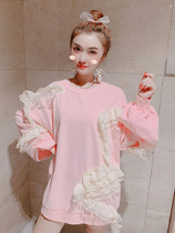 Sweatshirt woman 2021 autumn new Korean version sweet and mermaid lace lace lace splicing loose with slim 100 hitch headblouse