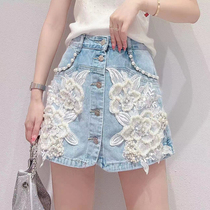 Cowboy Half-Body Dress Summer New Han Version Sweet Heavy Industry Nail Pearl Stereo Flower High Waist and Skin