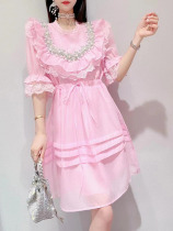 Dress female summer new Korean version sweet heavy industry nail lace lace leaf side stitch waist and lean skirt