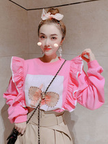 Autumn new 100 lap necropolis female Korean version sweet beauty college wind ear-ear edge splicing loot and thin foreign air weight reduction blouses