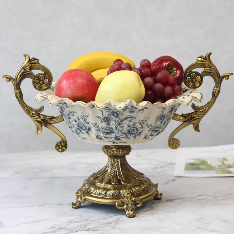 European-style luxury ceramic high-footed double-eared large fruit plate American-style new Chinese-style villa model room coffee table decoration