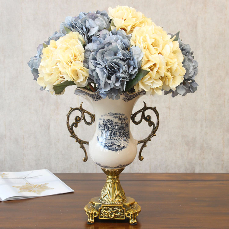 French high-footed double-eared vase European-style American-style villa living room porch alloy ceramic decorative handicraft decoration
