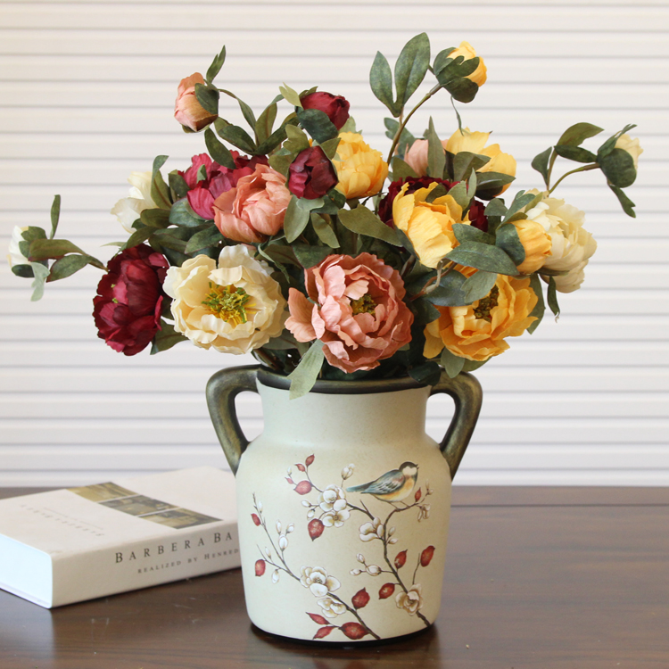 American table decoration vase European-style retro double ear vase floral art New Chinese tea table ceramic vase pendulum