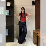 宋正恩 Темно-синие летние прямые свободные джинсы, штаны, подходит для подростков, свободный крой