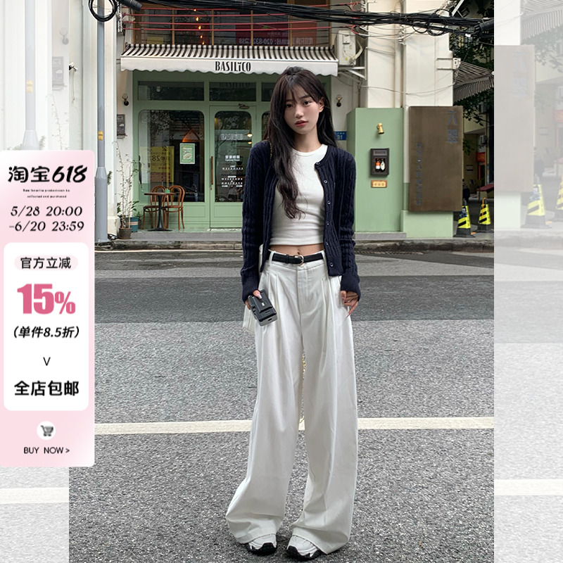 宋鎮根ホワイトドレープワイドレッグパンツレディース夏小ハイウエストスリムカジュアルパンツモップルーズホワイトパンツ