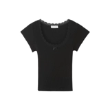 宋正恩 Черная кружевная летняя короткая приталенная футболка с бантиком, кружевное платье