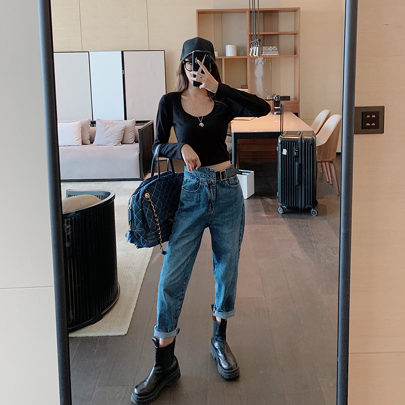 Jeans women straight loose 2021 new irregular high waist thin retro Harun dad pants nine pants