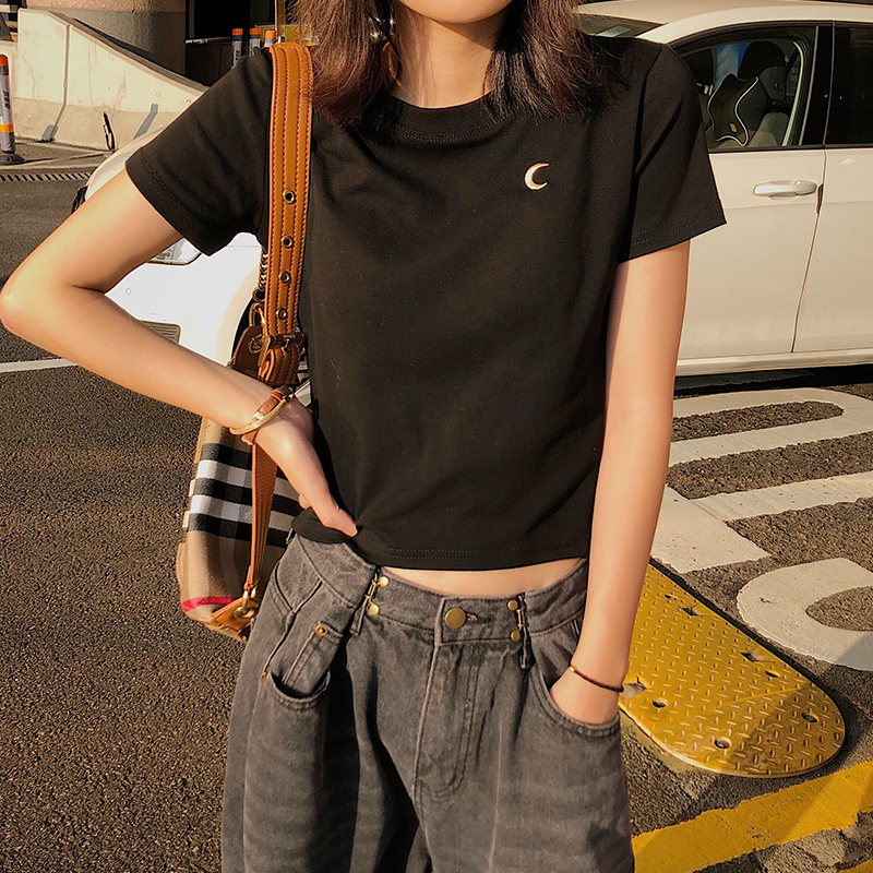 Pure cotton short sleeve t shirt in 2022 summer new high waist embroidery modified thin short dew navel coat