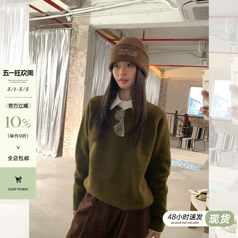 Song Zheng'En Olive Green Loose Knit Sweater for Women, New Autumn and Winter Pullover, Lazy and High-End Korean Style Sweater Top, Trendy