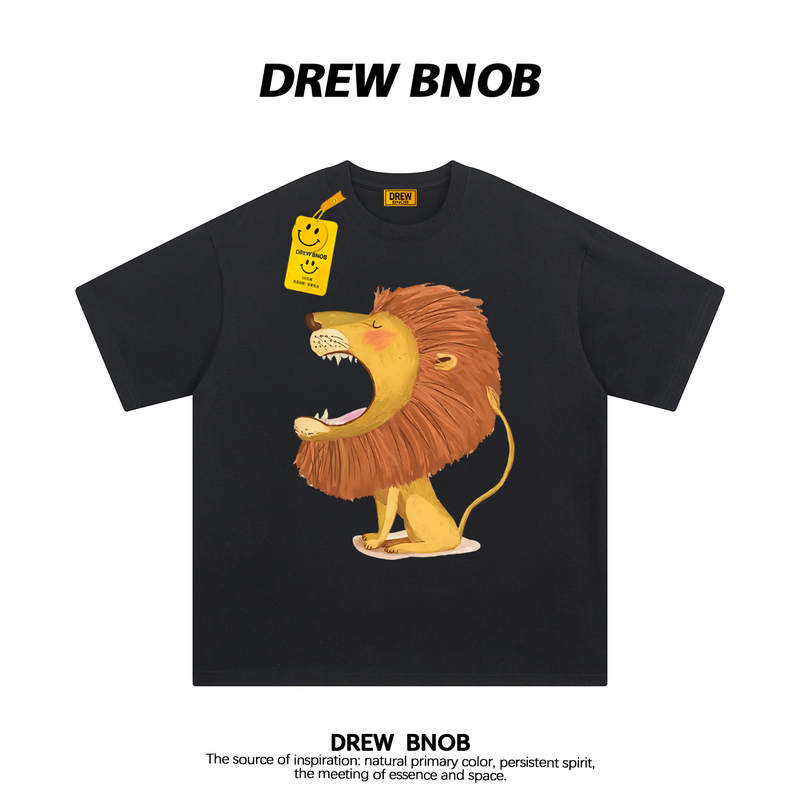 Drewbnob American Trendy Brand Lion Cartoon Short-Sleeved T-Shirt for Men and Women, Street Style Loose Summer Pure Cotton Couple Tops