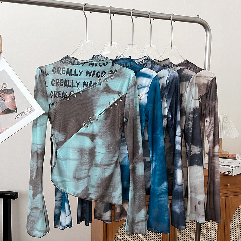 Trendy and Versatile Tie-Dye Slim-Fit Mesh Long-Sleeve T-Shirt for Women, Summer New Style Trendy and Versatile Tie-Dye Slim-Fit Mesh Long-Sleeve T-Shirt for Women, Summer New Style