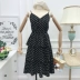 Mùa hè 2018 mới của Hàn Quốc thời trang v-cổ hoang dã điểm xỏ dây trong chiếc váy dài lớp bánh váy nữ váy đầm