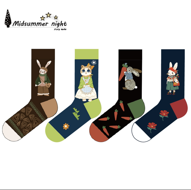 1】Buy 10 Get 1 Free G-Dragon Style Midsummer Night's Story Cat and Rabbit Fresh and Artistic Style 91% Cotton Socks