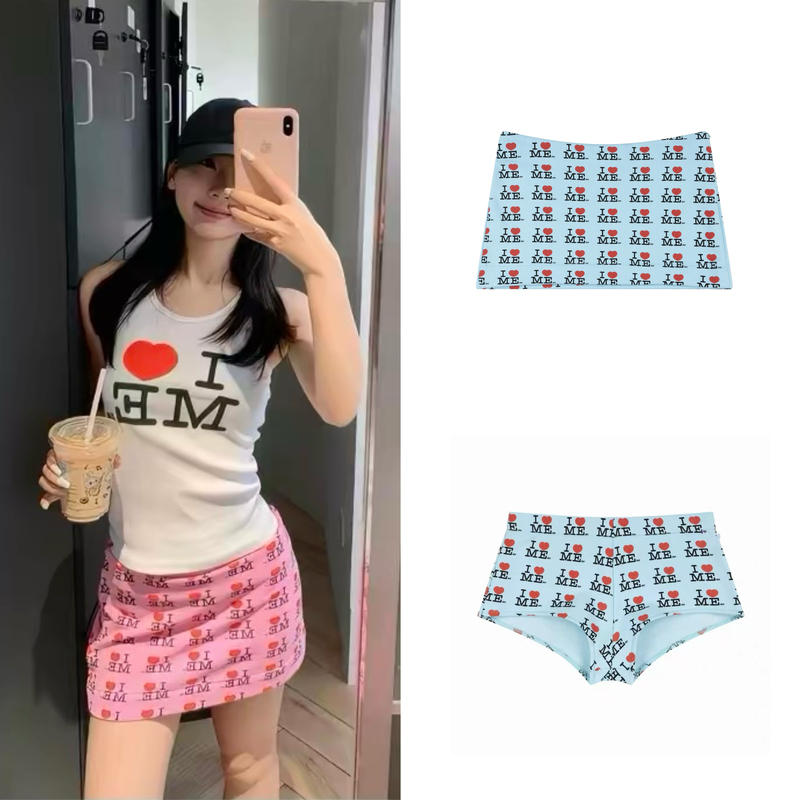 American-Style All-Over Heart Letter Print Elastic Waist Ultra-Short Shorts Mini Shorts Hot Pants Three-Quarter Pants Underwear Ultra-Short Skirt