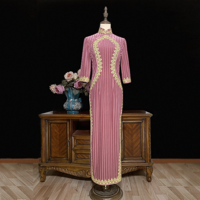 Spring Autumn New Velvet Long Sleeve Retro Shanghai Old Time Light Lace Lace Flower Side Long Qipao Chinese Style Gown Custom