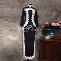  Spring and autumn new long-sleeved retro Shanghai old time lace edge black cheongsam skirt Chinese dress customization
