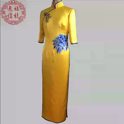 Yifu 2018 new bright yellow silk dress embroidery long version Chinese cheongsam dress handmade