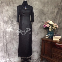 Yifu autumn and winter black silk Xiangyun yarn traditional true lapel high neck mid-sleeve cheongsam skirt daily long customization