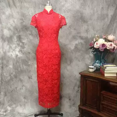 Yifuqiu new big red water soluble lace long version of cheongsam dress bride toast wedding