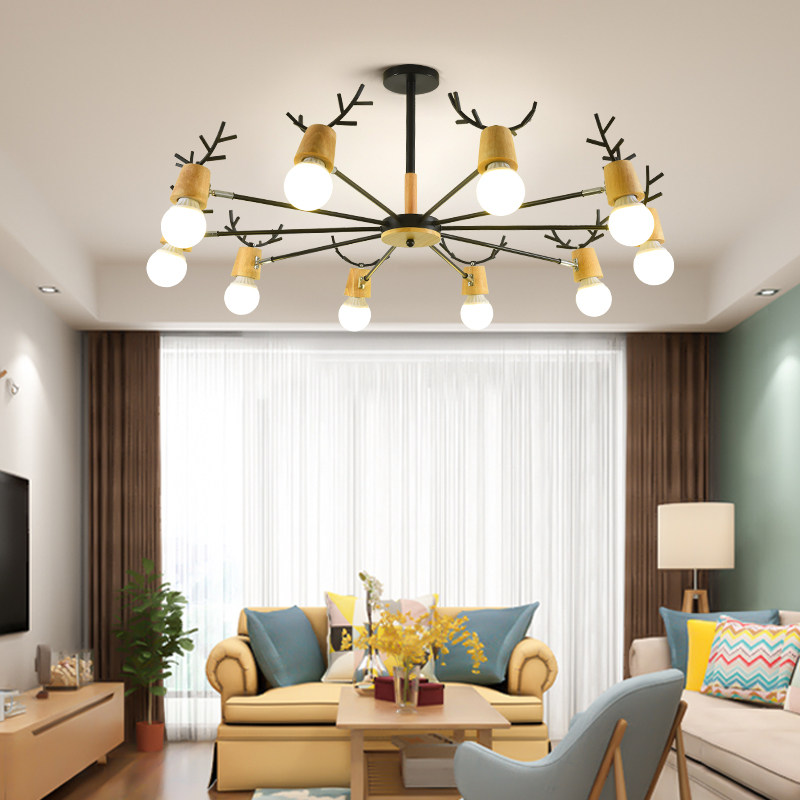 Nordic living room lamp chandelier log personality antler wrought iron simple modern small apartment creative bedroom dining room lamps