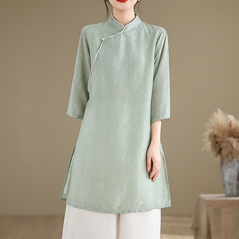 Chinese-Style Women's Mid-Sleeve Qipao Top, Mid-Length Tea Dress, Retro Ear-Picking Outfit, Traditional Chinese Medicine Moxibustion Wellness Center Work Uniform for Summer