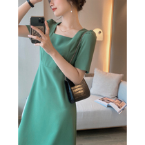 Full nectar Custom one-piece dress Woman Bubble Cuff New Summer Green Square Collar style vintage Lean Waist Temperament Skirt