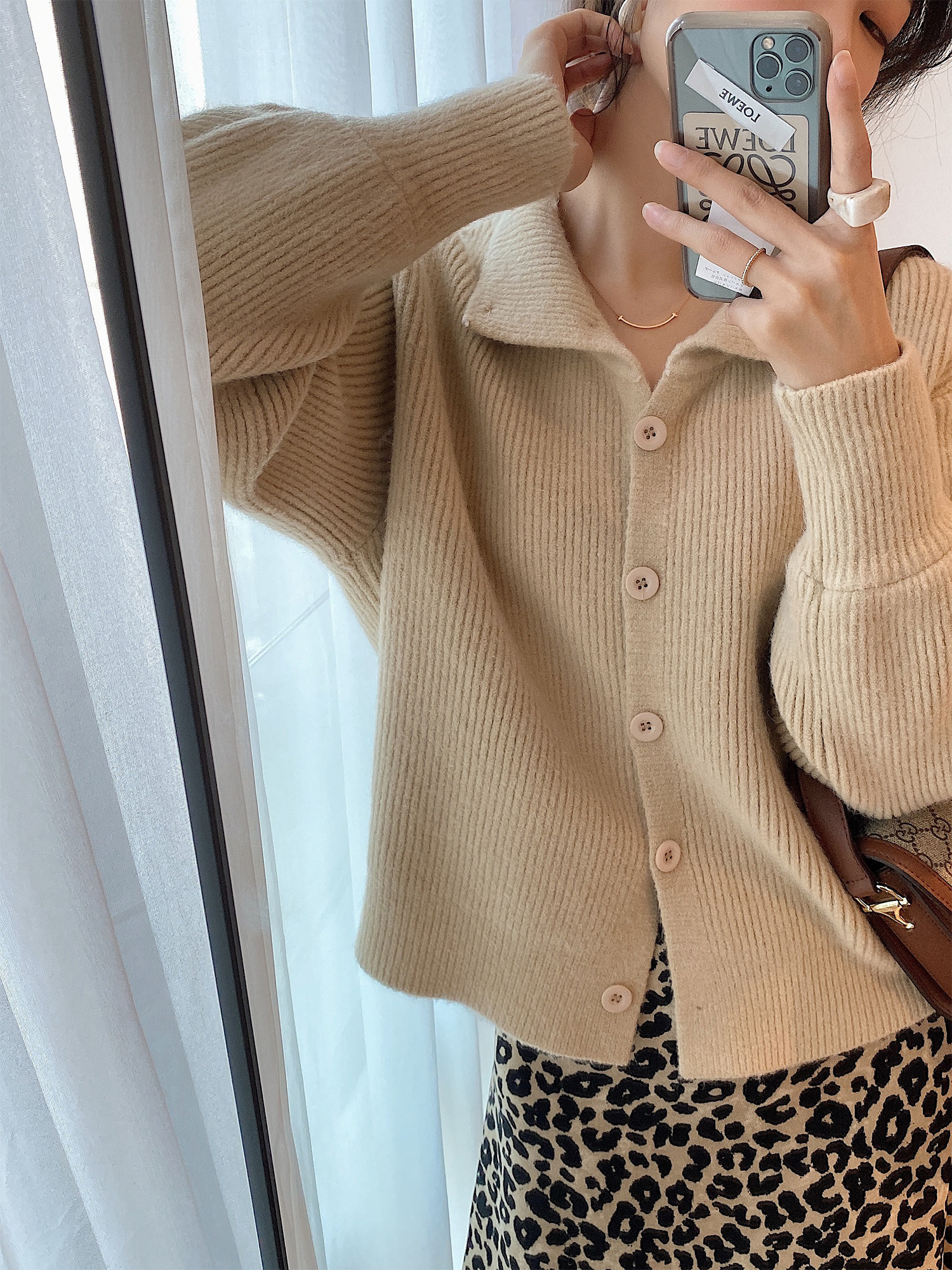 Full honey custom khaki autumn and winter new polo collar sweater knitted cardigan loose outerwear temperament coat female