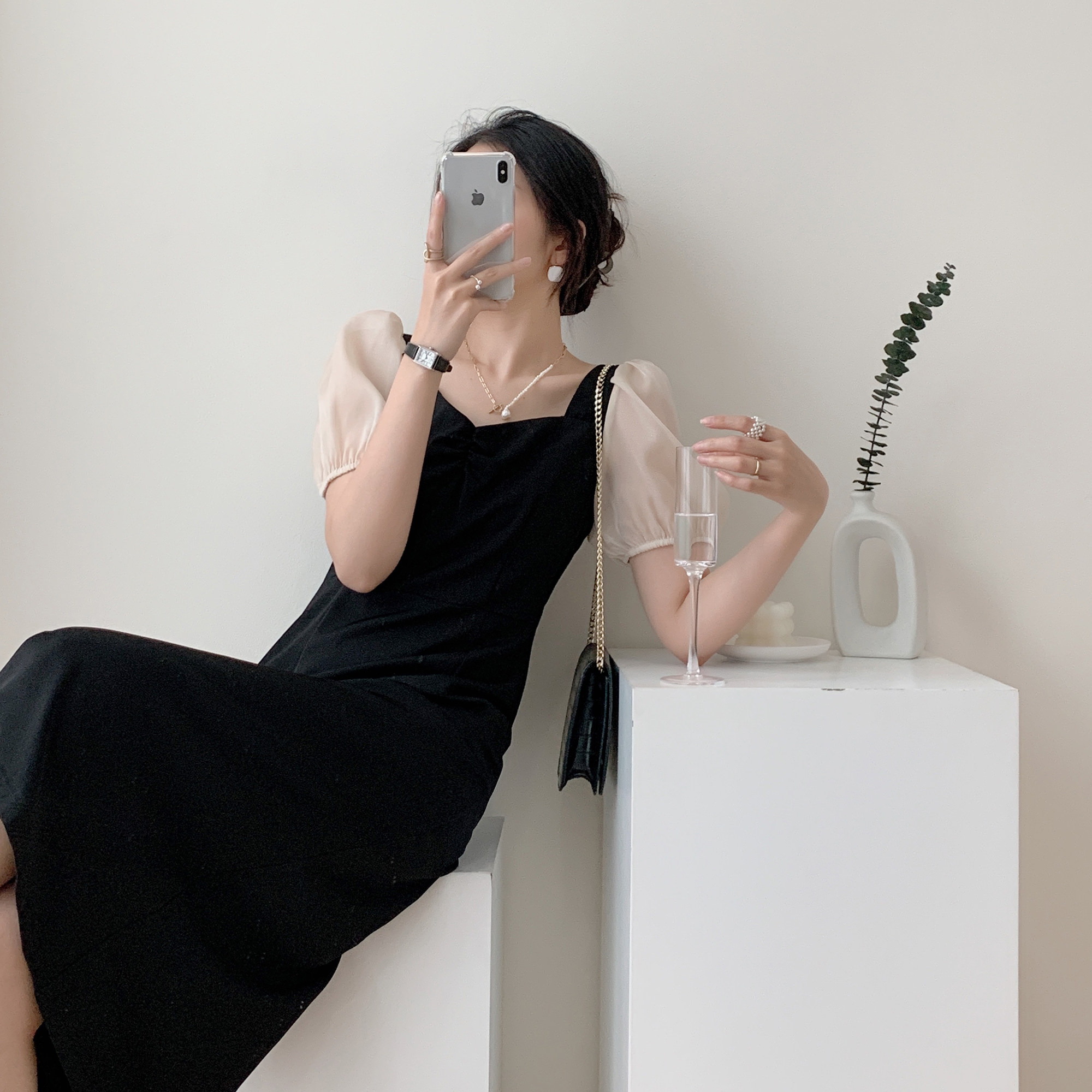 Full honey custom thin black French square collar splicing temperament dress female foreign style summer new little black dress