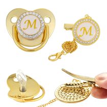 Gold Bling Name Initial Letter Baby Pacifier and Clip Alphab