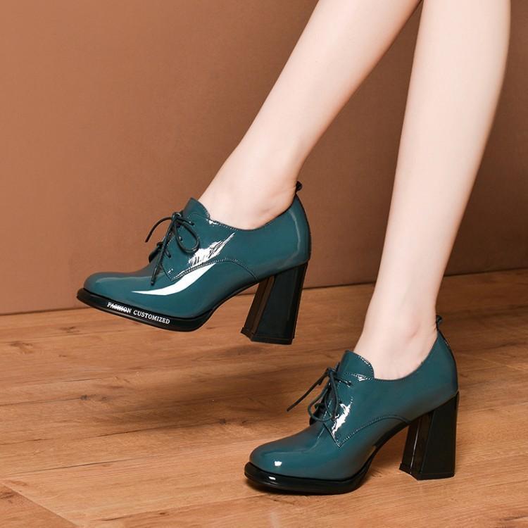 British Style Deep-Cut Leather Shoes, High-Heeled Patent Leather Autumn New Single Shoes, Versatile Lace-Up Chunky Heel Retro High-Heeled Shoes for Women