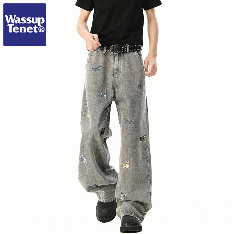 Wassup Tenet Trendy Brand Dog Print Jeans for Men, Summer Couple Loose Straight-Leg Design Casual Pants Wassup Tenet Trendy Brand Dog Print Jeans for Men, Summer Couple Loose Straight-Leg Design Casual Pants