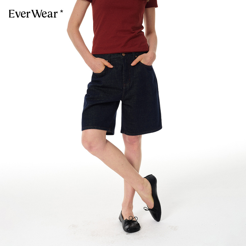 Everwear Turkish Imported Genuine Leather Non-Fading Shorts for Women 2026 Summer Straight-Leg Knee-Length Denim Shorts