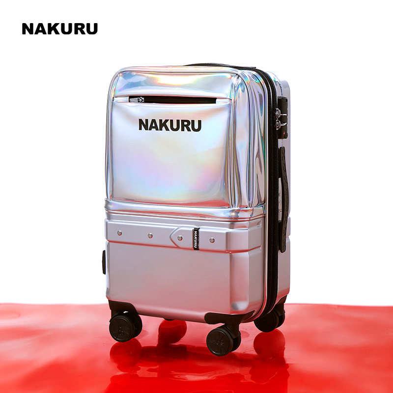 High-value, small 20-inch women's travel trolley case, laser silver carry-on suitcase, personalized original design.
