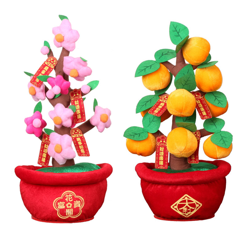 New Year Peach Blossom Tree Potted Big Italian Desktop Swing Piece Gift for Spring Festival Mascot Plush Home Festive Decorations